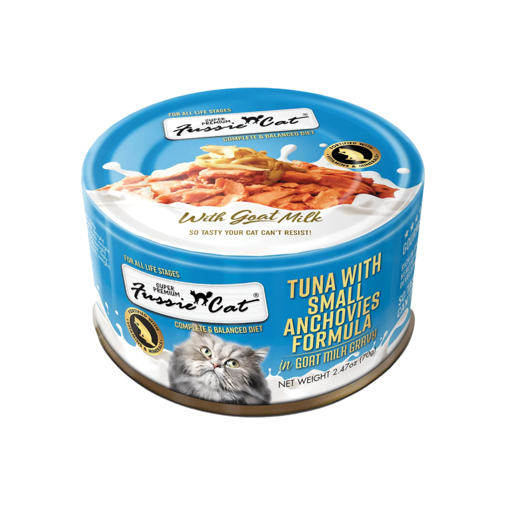 Fussie Cat Super Premium Tuna with Small Anchovies Formula in Goat Milk Gravy Canned Cat Food: 2.47 oz