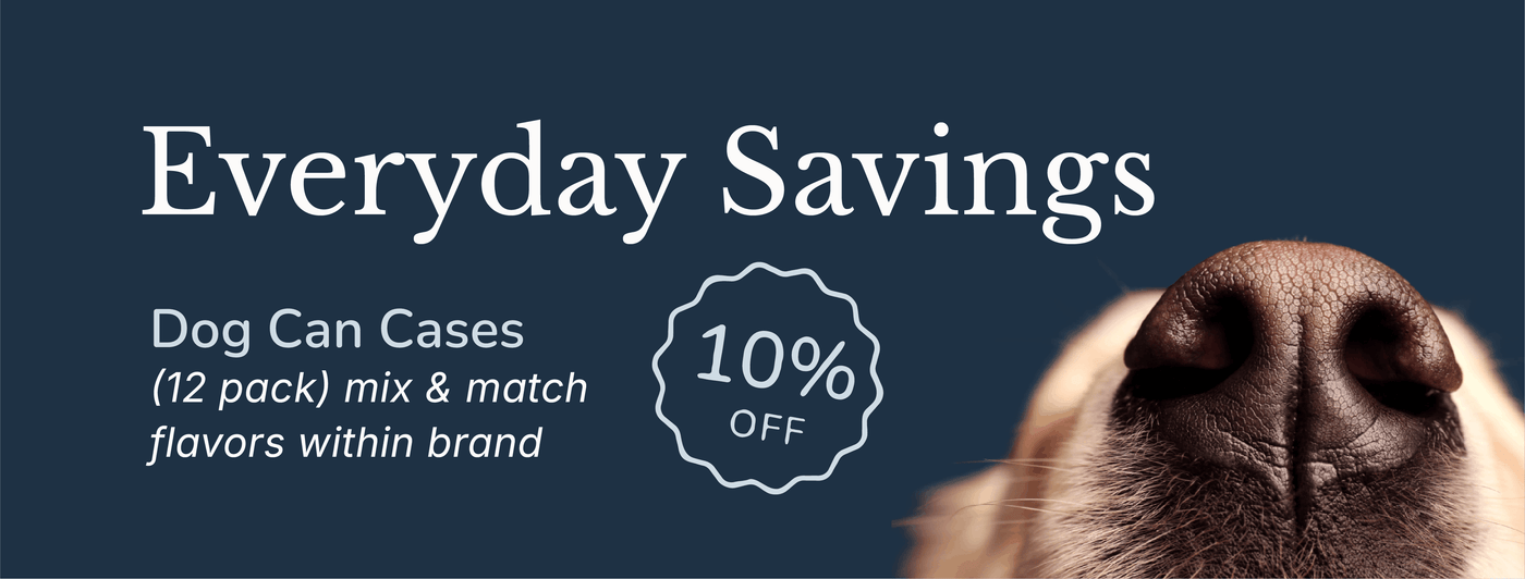 Promotional banner for dog can cases with a dog's nose at the bottom right corner on a dark blue background.