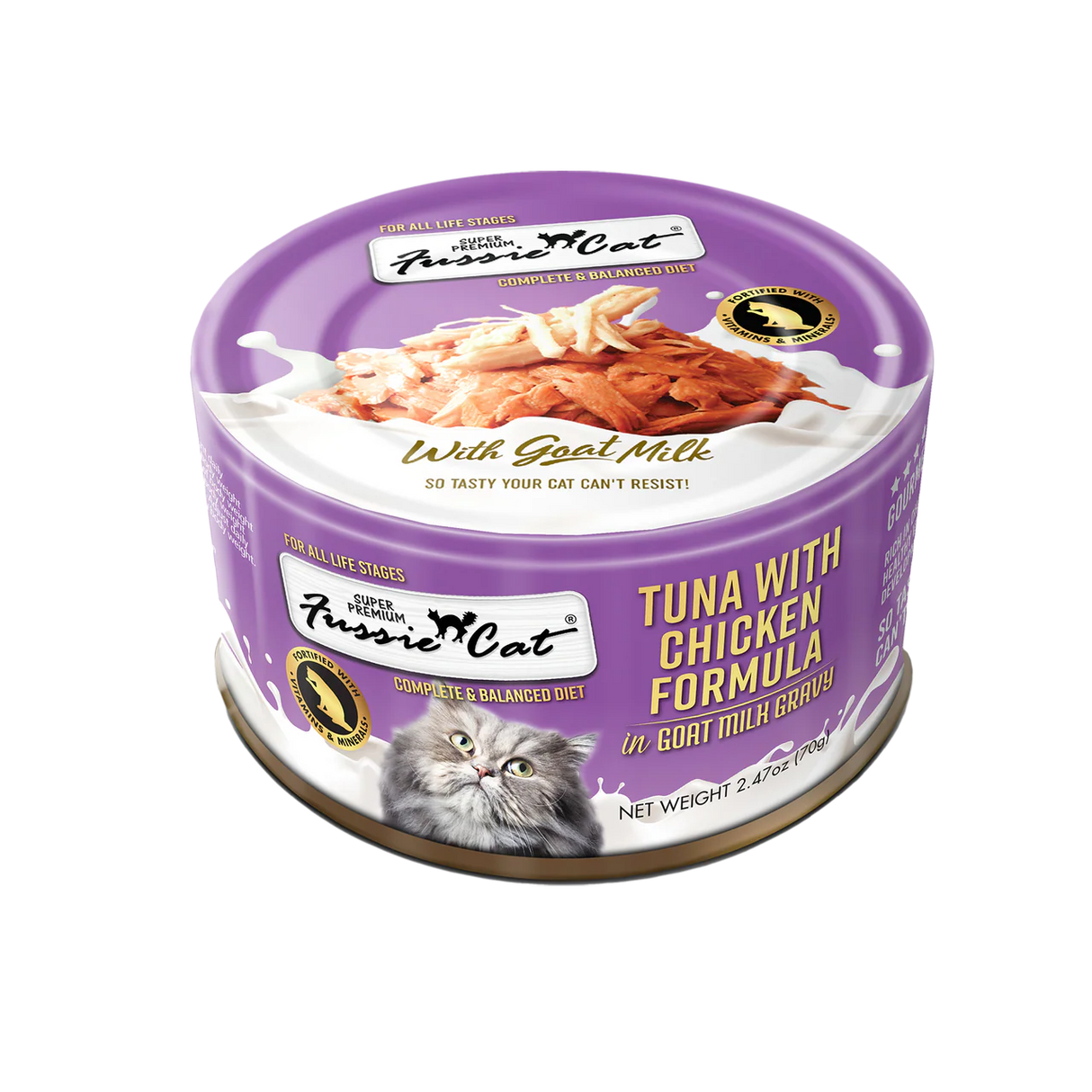 Fussie Cat Premium Tuna with Chicken Formula in Goat Milk Gravy Canned Cat Food: 2.47 oz