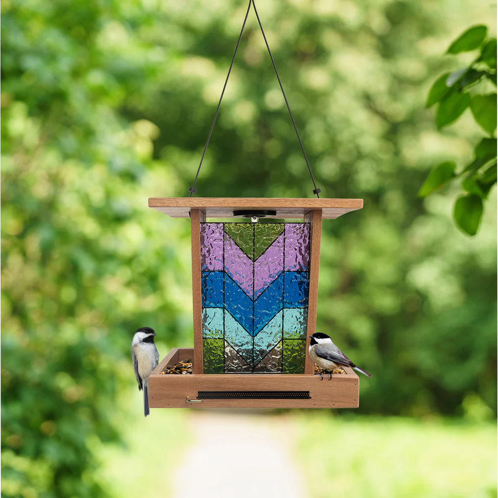 Wild Bird Lovers Solar Light Seed Feeder with Stained Glass Design