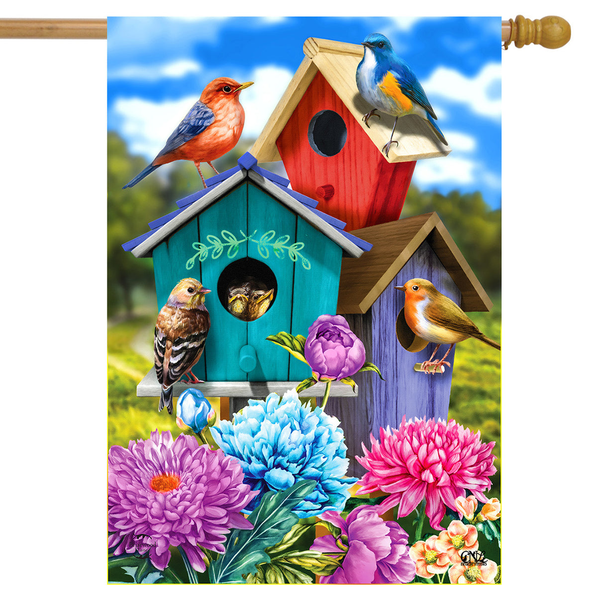 Gold Crest Colorful Birdhouses Garden Flag