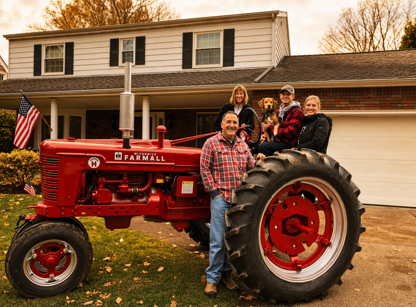 Horstman family posing with a red Farmall tractor in front of a house