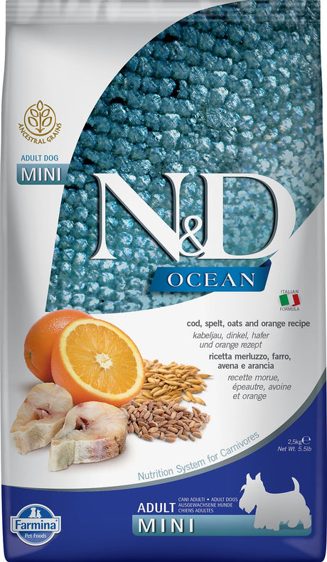 Farmina N&D Ocean Cod & Orange Ancestral Grain Mini Adult Dry Dog Food: 5.5 lbs